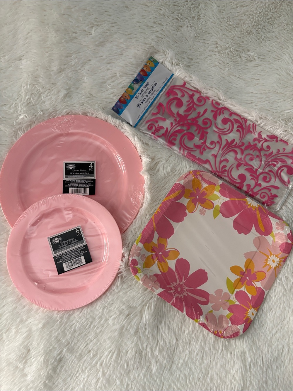 Pink Floral Paper Plates / Hard Plastic Plates 25 Loot Bags Party Supplies NWT